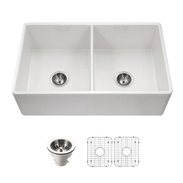 Houzer Platus 33 inch White Fireclay Apron Front Farmhouse 50/50 Double Bowl Kitchen Sink with Strainer & Grids